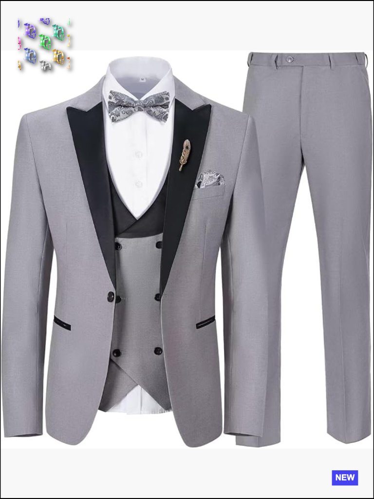 Slim Fit 3 Piece Suit Set With Bow Tie Pocket Square Brooch Formal Classic